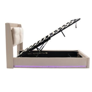 King Size Velvet Upholstered Bed Hydraulic Storage LED Lights - Image 9