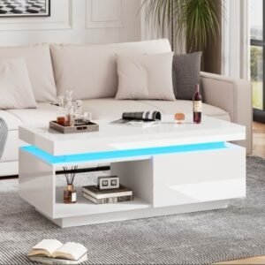 High Gloss White Coffee Table RGB LED Drawer Storage - Image 4
