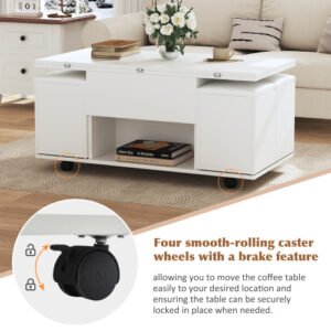 White Lift Up Foldable 100cm Coffee Table With Storage & 4 Stools - Image 9