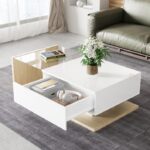 High Gloss White & Wood Coffee Table Glass LED Side