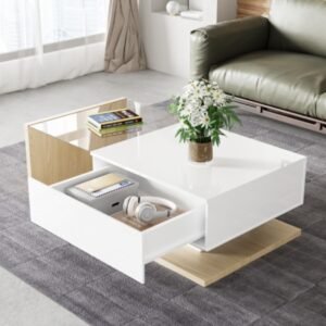 High Gloss White & Wood Coffee Table Glass LED Side