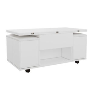 White Lift Up Foldable 100cm Coffee Table With Storage & 4 Stools - Image 5