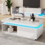 High Gloss White Coffee Table RGB LED Drawer Storage