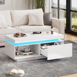 High Gloss White Coffee Table RGB LED Drawer Storage - Image 3