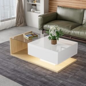 High Gloss White & Wood Coffee Table Glass LED Side - Image 8