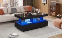 High Gloss Black Coffee Table With LED Light, 2 Drawer Storage - Image 4