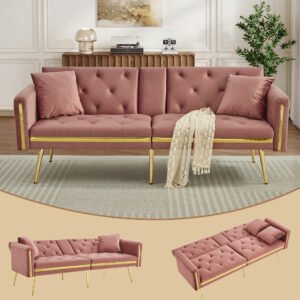 2 Seater Sofa Bed Adjustable Backrest Cup Holder, Gold Accent - Image 2