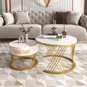 2-in-1 Round Marble Effect Coffee Table Rattan Gold Legs - Image 9