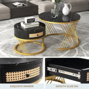 2-in-1 Round Marble Effect Coffee Table Rattan Gold Legs - Image 3