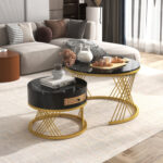 2-in-1 Round Marble Effect Coffee Table Rattan Gold Legs