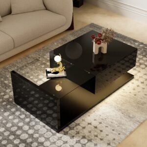Modern Black Coffee Table High Gloss LED Glass Top - Image 2