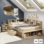Multifunctional Kids Double Bed Drawers, Bookcase Storage, Natural Slatted Frame