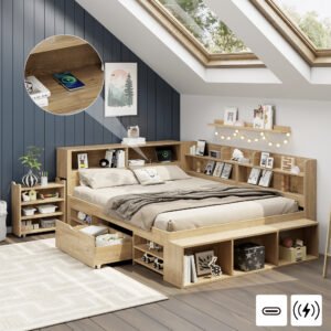 Multifunctional Kids Double Bed Drawers, Bookcase Storage, Natural Slatted Frame