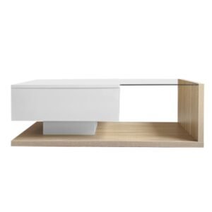 High Gloss White & Wood Coffee Table Glass LED Side - Image 6