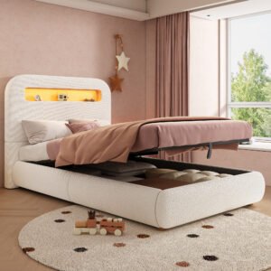 White Boucle Single Kids Bed Hydraulic Storage LED Headboard - Image 3