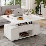 White Lift Up Foldable 100cm Coffee Table With Storage & 4 Stools