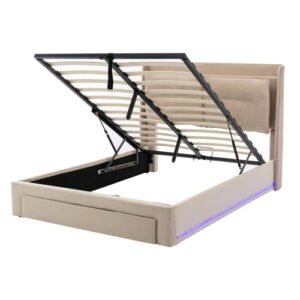 King Size Velvet Upholstered Bed Hydraulic Storage LED Lights - Image 3