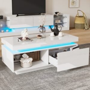 High Gloss White Coffee Table RGB LED Drawer Storage - Image 7