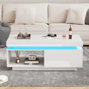 High Gloss White Coffee Table RGB LED Drawer Storage - Image 2