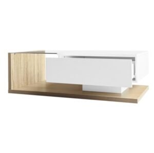 High Gloss White & Wood Coffee Table Glass LED Side - Image 3