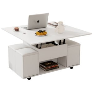 White Lift Up Foldable 100cm Coffee Table With Storage & 4 Stools - Image 6