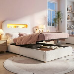 White Boucle Single Kids Bed Hydraulic Storage LED Headboard - Image 5