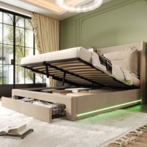 King Size Velvet Upholstered Bed Hydraulic Storage LED Lights - Image 6