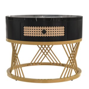 2-in-1 Round Marble Effect Coffee Table Rattan Gold Legs - Image 4