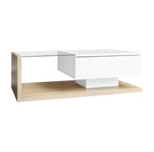 High Gloss White & Wood Coffee Table Glass LED Side - Image 7