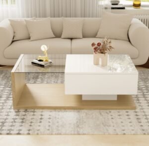 High Gloss White & Wood Coffee Table Glass LED Side - Image 2