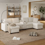 Luxury Corduroy U-Shape Sectional Sofa Ottoman With USB & Cup Holder - Beige