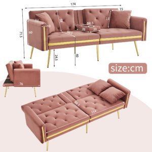 2 Seater Sofa Bed Adjustable Backrest Cup Holder, Gold Accent - Image 3