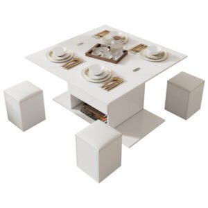 White Lift Up Foldable 100cm Coffee Table With Storage & 4 Stools - Image 8