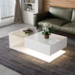 Modern White Coffee Table High Gloss LED Glass Top