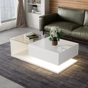 Modern White Coffee Table High Gloss LED Glass Top