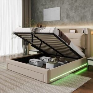 King Size Velvet Upholstered Bed Hydraulic Storage LED Lights - Image 7