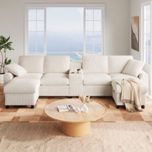 Luxury Corduroy U-Shape Sectional Sofa Ottoman With USB & Cup Holder - Beige - Image 4