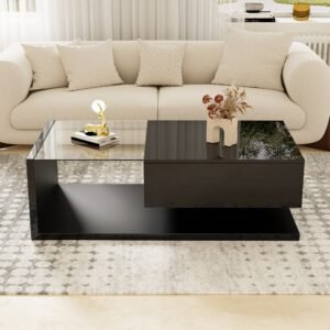 Modern Black Coffee Table High Gloss LED Glass Top - Image 3