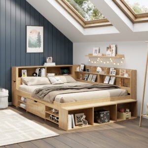 Multifunctional Kids Double Bed Drawers, Bookcase Storage, Natural Slatted Frame - Image 5