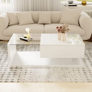 Modern White Coffee Table High Gloss LED Glass Top - Image 9