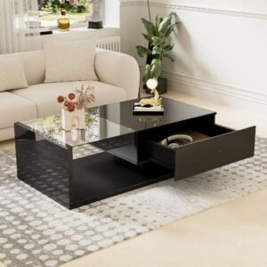 Modern Black Coffee Table High Gloss LED Glass Top - Image 6