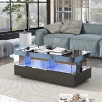High Gloss Black Coffee Table With LED Light, 2 Drawer Storage - Image 2