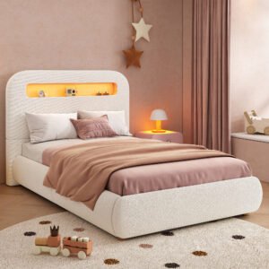 White Boucle Single Kids Bed Hydraulic Storage LED Headboard - Image 2