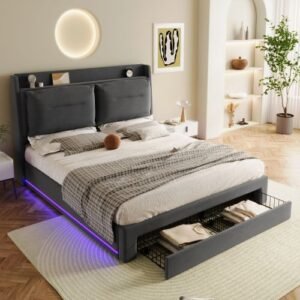 King Size Velvet Upholstered Bed Hydraulic Storage LED Lights - Image 8