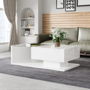 Modern White Coffee Table High Gloss LED Glass Top - Image 5