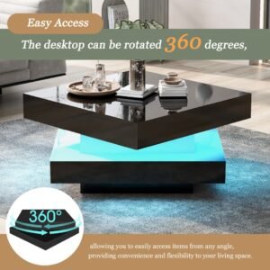 Square Gloss Coffee Table 360 Rotating LED Light - Image 9
