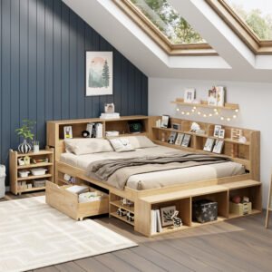 Multifunctional Kids Double Bed Drawers, Bookcase Storage, Natural Slatted Frame - Image 2