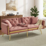 2 Seater Sofa Bed Adjustable Backrest Cup Holder, Gold Accent
