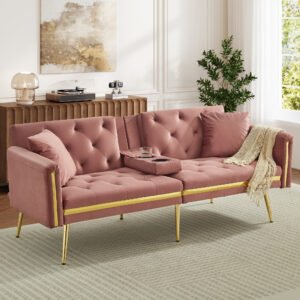 2 Seater Sofa Bed Adjustable Backrest Cup Holder, Gold Accent