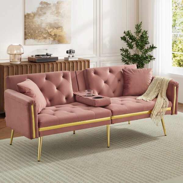 2 Seater Sofa Bed Adjustable Backrest Cup Holder, Gold Accent